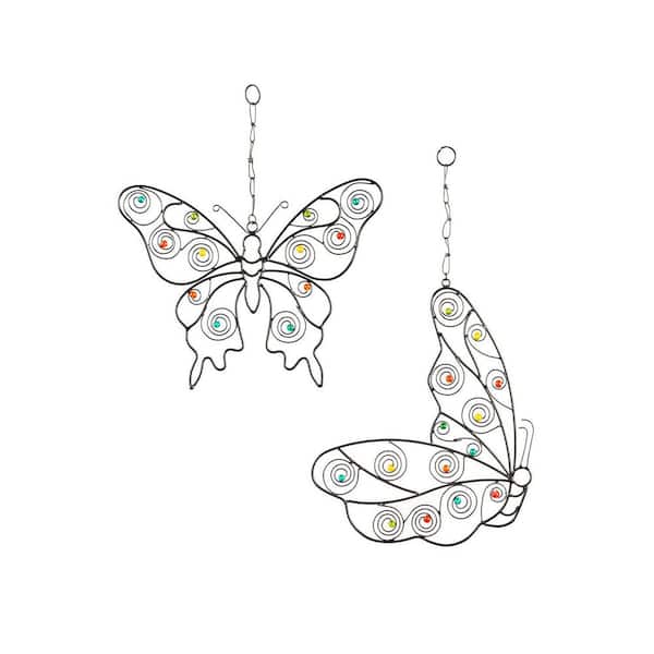 12 in. x 14 in. Metal Wall Butterfly with Glass Beads, Set of 2