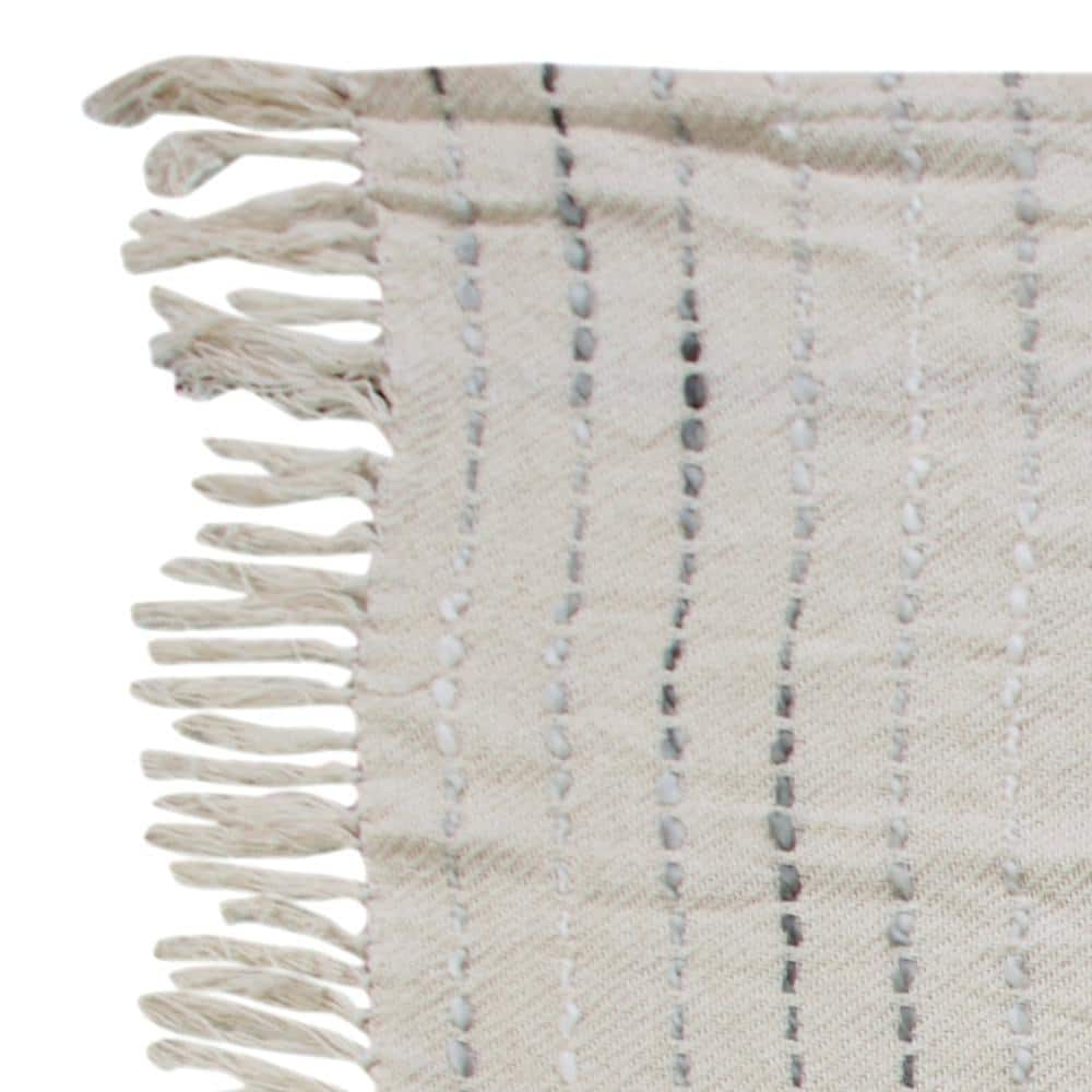 Gray and Cream Hand-Woven Cotton Blend Throw Blanket with Fringe