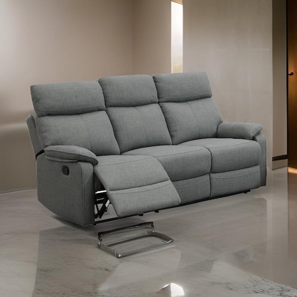 Benjara 74 in. Pillow Top Arm Fabric Rectangle Manual Recliner Sofa in Gray
