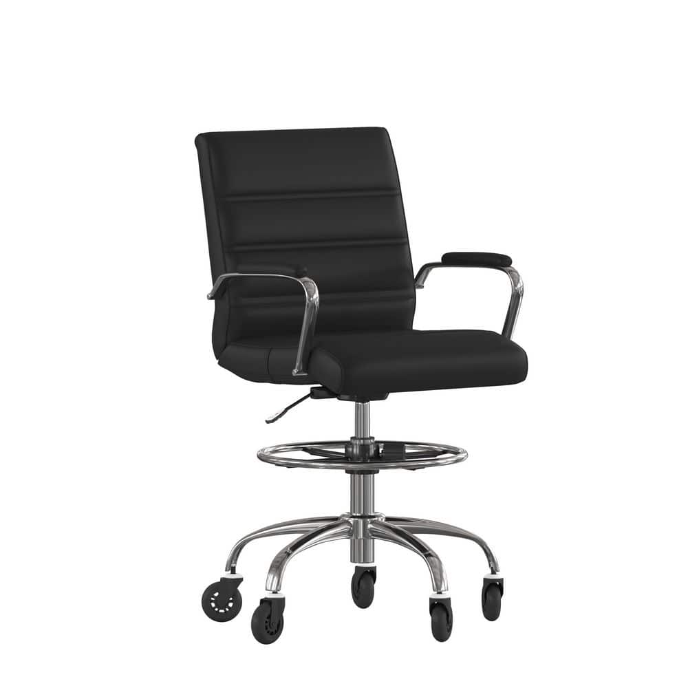 30 in. Black Mid Metal Office Stool with Leather/Faux Leather Seat
