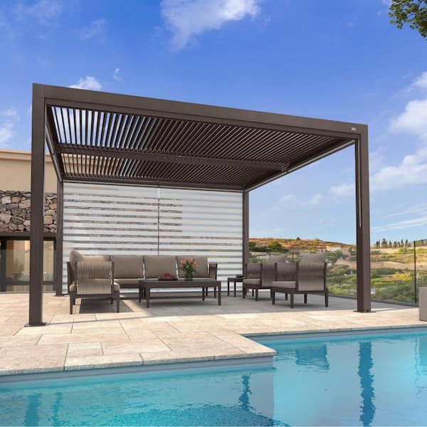 11 ft. x 13 ft. Bronze Aluminum Frame Louvered Pergola with Adjustable Sunshade Roofs and 1-Long Side Roller Shades