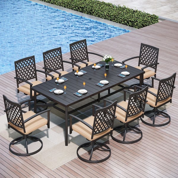 9-Piece Metal Patio Outdoor Dining Sets with Beige Cushions and Swivel Chairs