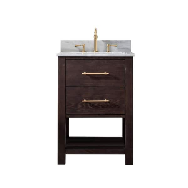 Windwood 24 in. W x 22 in. D Bath Vanity in Brown Oak with Natural Marble Vanity Top in Carrara White with White Sink