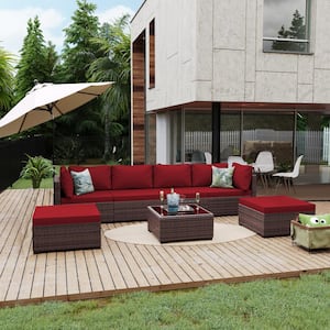 7-Piece Outdoor Wicker Patio Conversation Sofa Set with Ottomans for Patio in Red