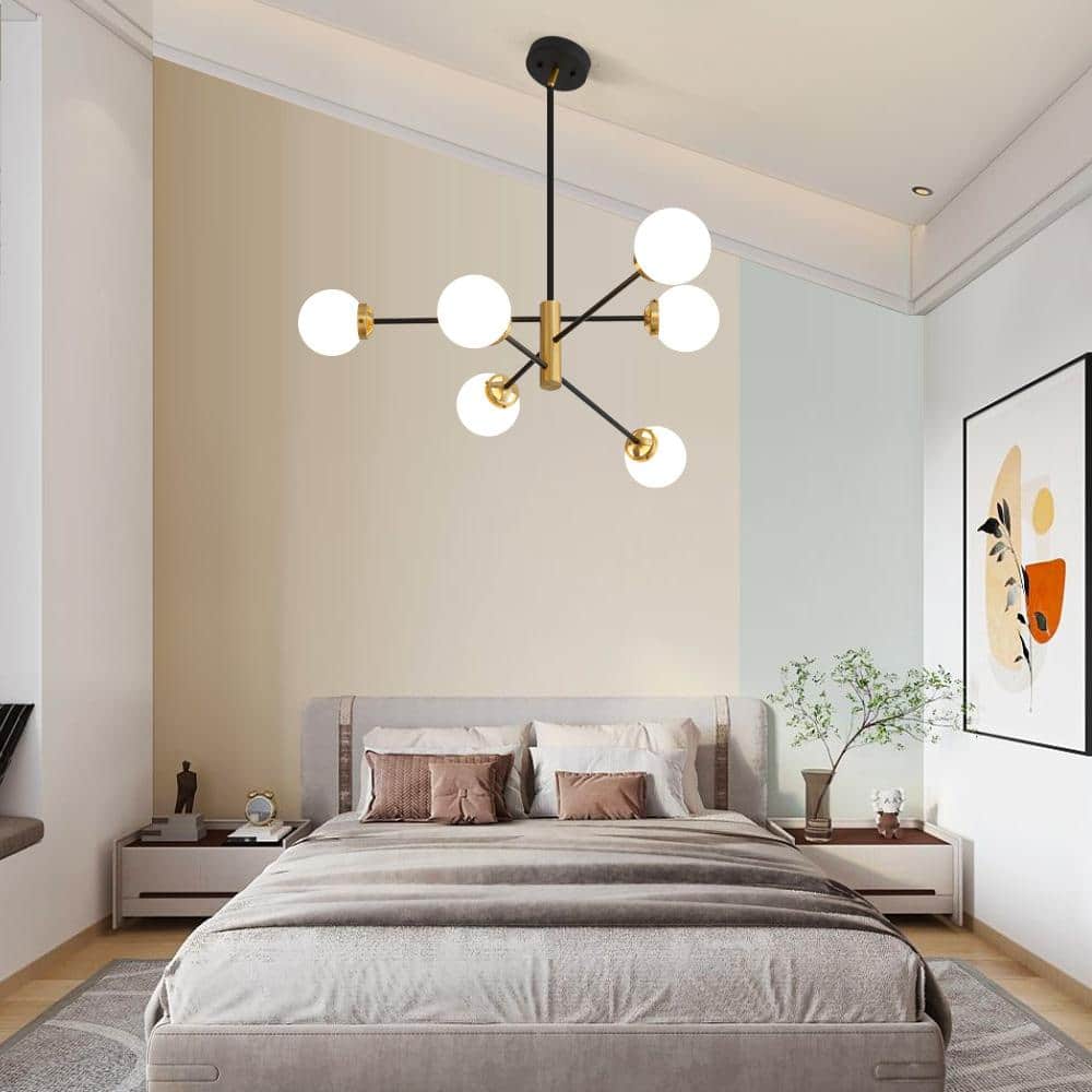Black and Gold 6-Light Sputnik Chandelier with Glass Shades