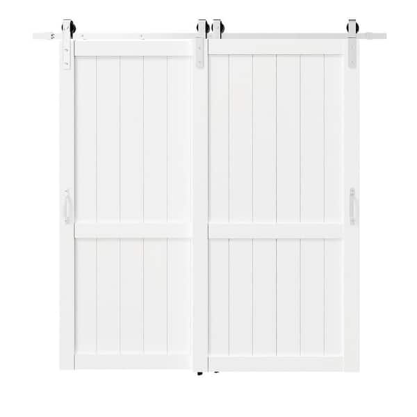 84 in. x 84 in. White, MDF, Primed, Double H-Shaped Brushed Nickel Bypass Sliding Barn Door with Hardware Kit