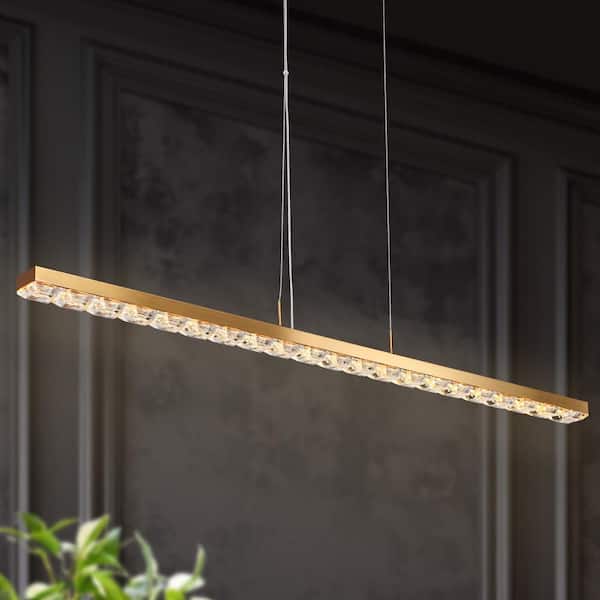 Zevni Wbllemiae Modern 1-Light Plating Brass Integrated LED Island Chandeliers, Minimalistic Rectangle Crystal Pendant Light