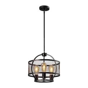 St. Paul 3-Light Black Lantern Drum Cage Pendant with Wrought Iron Accents
