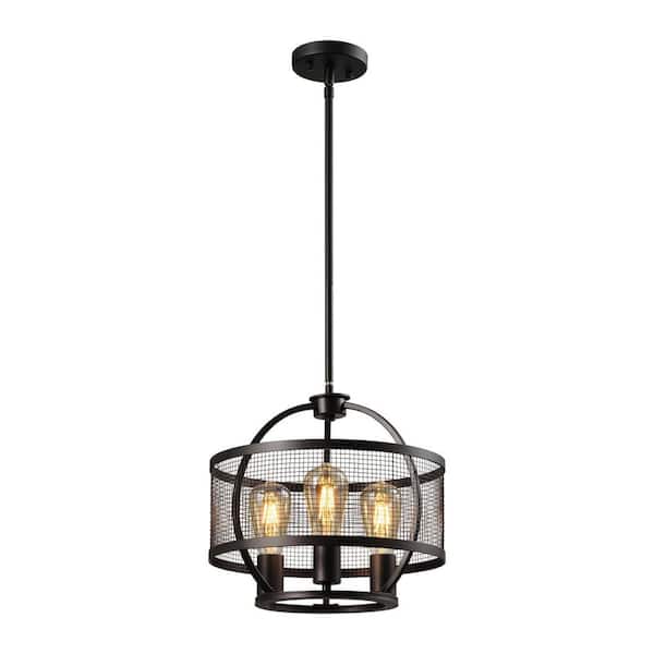 Maxax St. Paul 3-Light Black Lantern Drum Cage Pendant with Wrought Iron Accents
