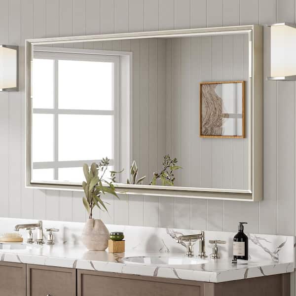 QueenFun 48 in. W x 24 in. H Framed Rectangular Beveled Edge Bathroom Vanity Wall Mount Mirror in Brushed Nickel