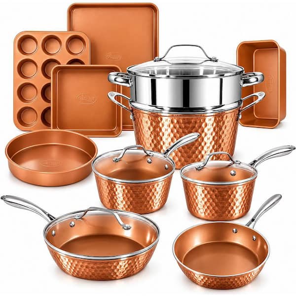 Hammered Copper 15-Piece Aluminum Non-Stick Cookware Set and Bakeware Set