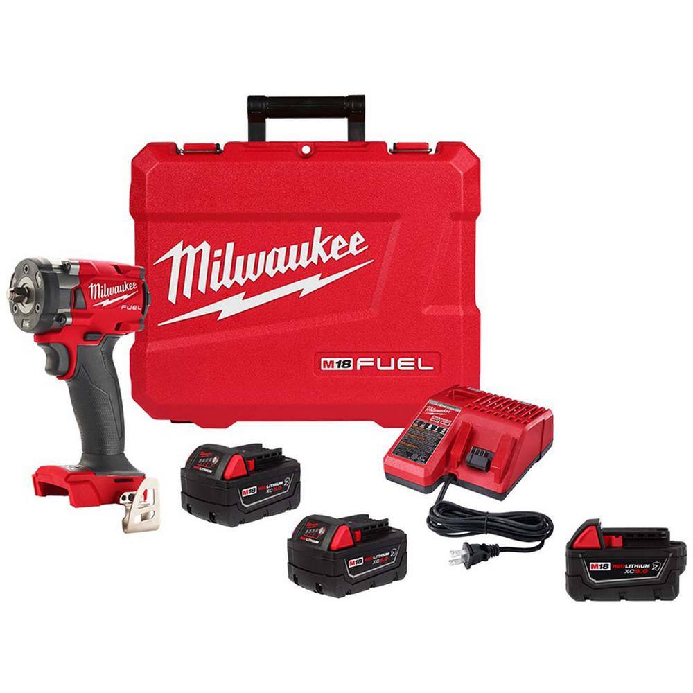 Milwaukee M18 FUEL 18-Volt Lithium-Ion Brushless Cordless 3/8 in. Compact Impact Wrench with F Ring Kit, (3) Resistant Batteries