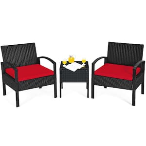 Black 3-Pieces Wicker Outdoor Sectional Set Patio Rattan Furniture with Red Cushions