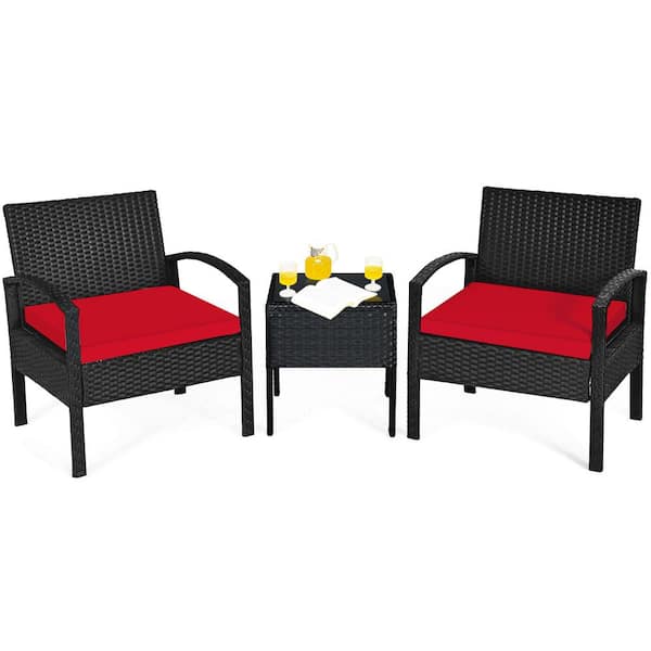 HONEY JOY Black 3-Pieces Wicker Outdoor Sectional Set Patio Rattan Furniture with Red Cushions