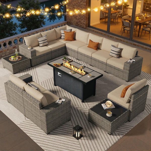 Amara 13 Pieces Wicker Outdoor Patio Rectangular Fire Pit Set with Beige Cushions