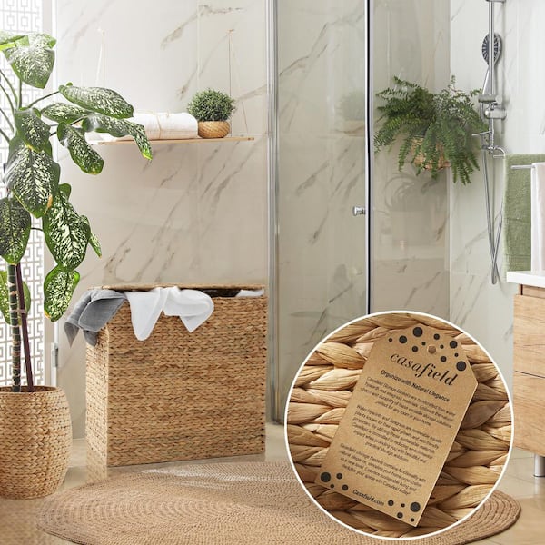 Casafield Brown Natural 24.75 in. x 24 in. Wicker Water Hyacinth Decorative Baskets 2-Section Laundry Hamper with Liners