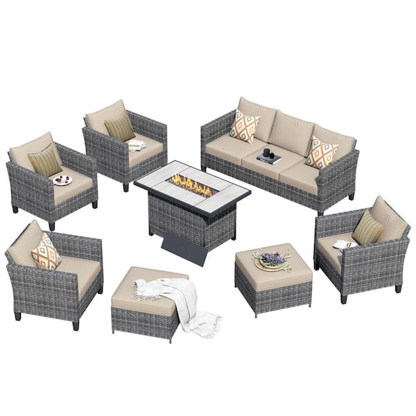 New Star Gray 8-Piece Wicker Patio Rectangle Fire Pit Conversation Seating Set with Beige Cushions