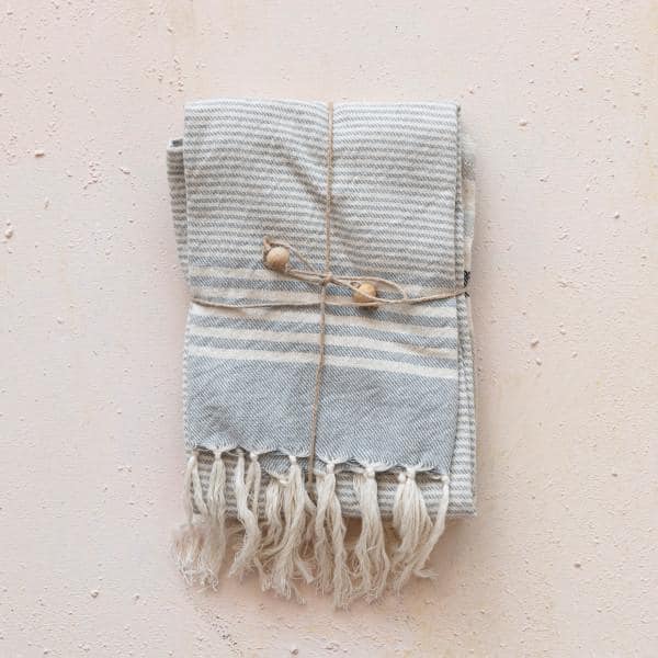 Striped Cotton Tea Towels with Fringe, Set of 3