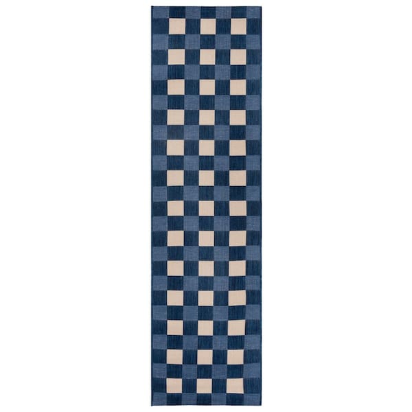Courtyard Navy/Beige 2 ft. x 7 ft. Plaid Grid Indoor/Outdoor Runner Rug