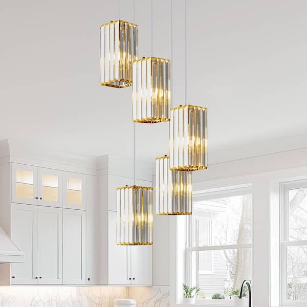 Home Lighting 60-Watt 5-Lights Gold Mini Crystal Rectangle Modern Pendant Light Adjustable for Kitchen Island