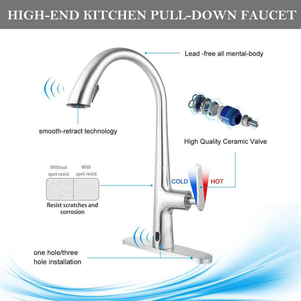 Brushed Nickel Touchless Pull Down Kitchen Faucet with Pull-out Spray
