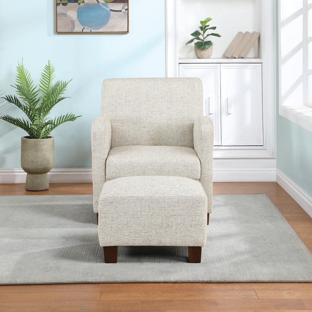 Aiden Off-White Faux Leather Barrel Accent Chair with Ottoman