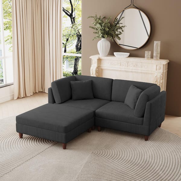Uixe 80 in. Straight Arm 3-Piece Corduroy Upholstered L-Shaped Sectional Sofa in Gray