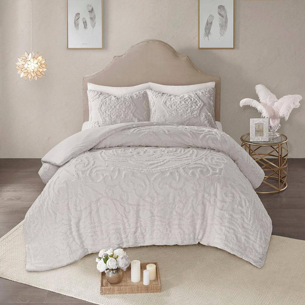 Gray Tufted Cotton Chenille Medallion King/Cal King Duvet Set