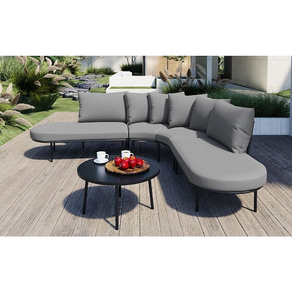Metal Outdoor Sectional Set with Gray Cushion, Outdoor Sofa Set with ...