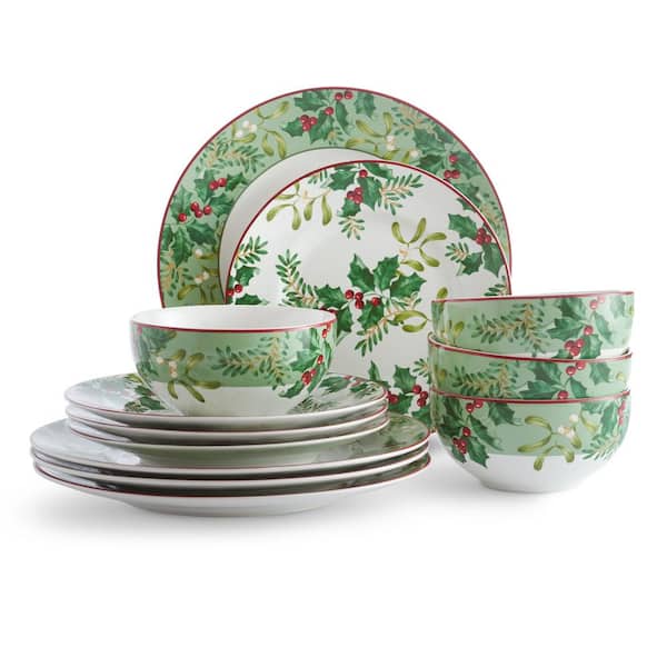 222 Fifth 12-Piece Christmas Foliage Green Porcelain Dinnerware Set (Service for 4)