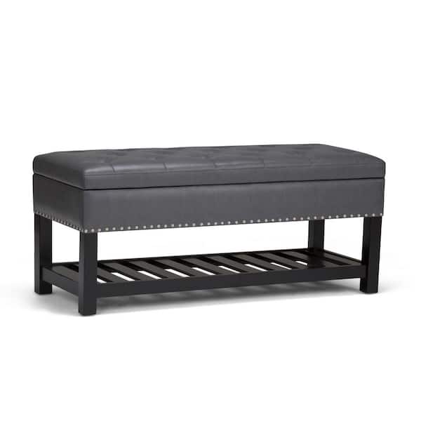 Simpli Home Lomond 44 in. Wide Transitional Rectangle Storage Ottoman Bench in Stone Grey Vegan Faux Leather