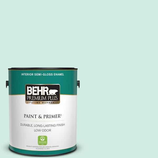 BEHR PREMIUM PLUS 1 gal. Home Decorators Collection #HDC-MD-19 Soft Mint Semi-Gloss Enamel Low Odor Interior Paint & Primer