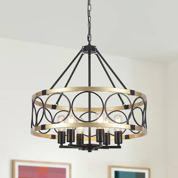 ZJVAIVE 6 Light Matte Black and Gold Modern Farmhouse Lantern Drum ...