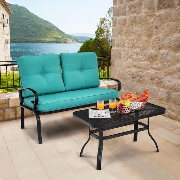 Kadehome 2-Piece Metal Frame Patio Conversation Set Loveseat Bench Coffee Table Furniture Set with Turquoise Green Cushions