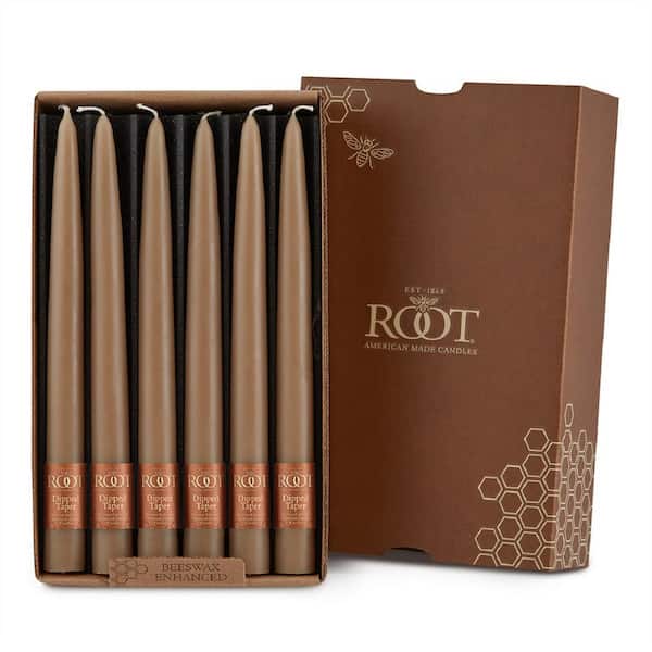 ROOT CANDLES 9 in. Dipped Taper Taupe Dinner Candle (Box of 12)