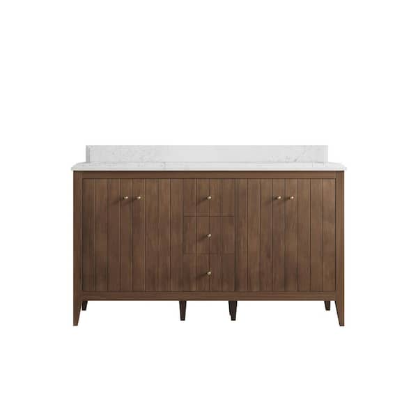 Willow Collections Atlanta Teak 60 in. Double Sink Freestanding Dark Natural Bath Vanity with Empira White Qt. Top Unassembled