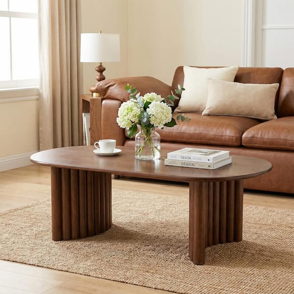51" Modern Walnut Oval Wood Coffee Table for Living Room