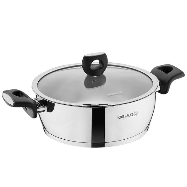 Korkmaz Nora 9.5 in. Stainless Steel Low Casserole with Lid in Silver