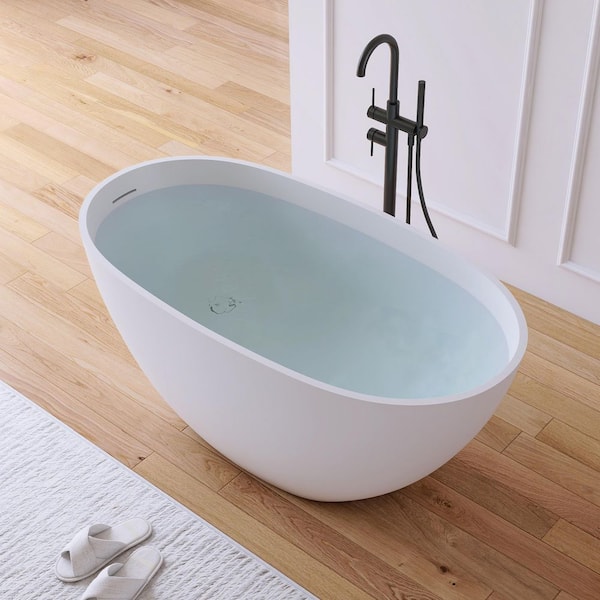 51 in. x 27 in. Stone Resin Solid Surface Flatbottom Freestanding Soaking Bathtub in White