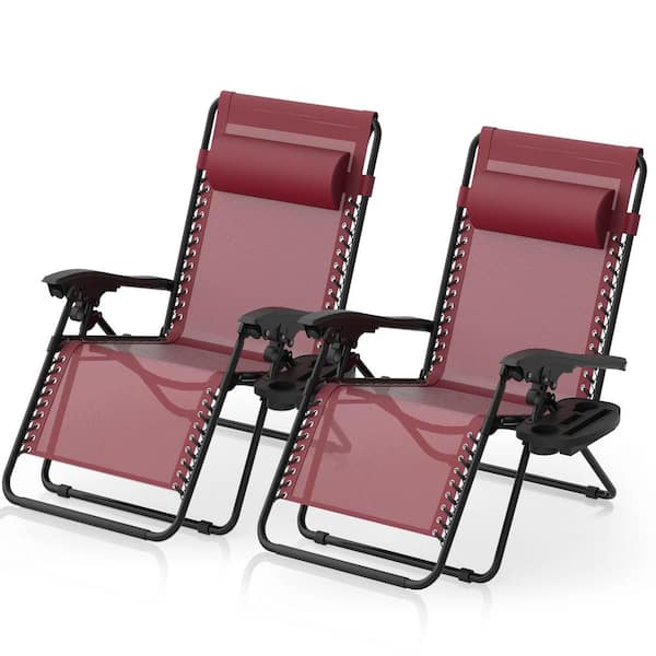 SEEUTEK 26 in. W Zero Gravity Chairs Set of 2, Indoor and Outdoor Metal Reclining Patio Folding Claret Lounge Chair with Pillow