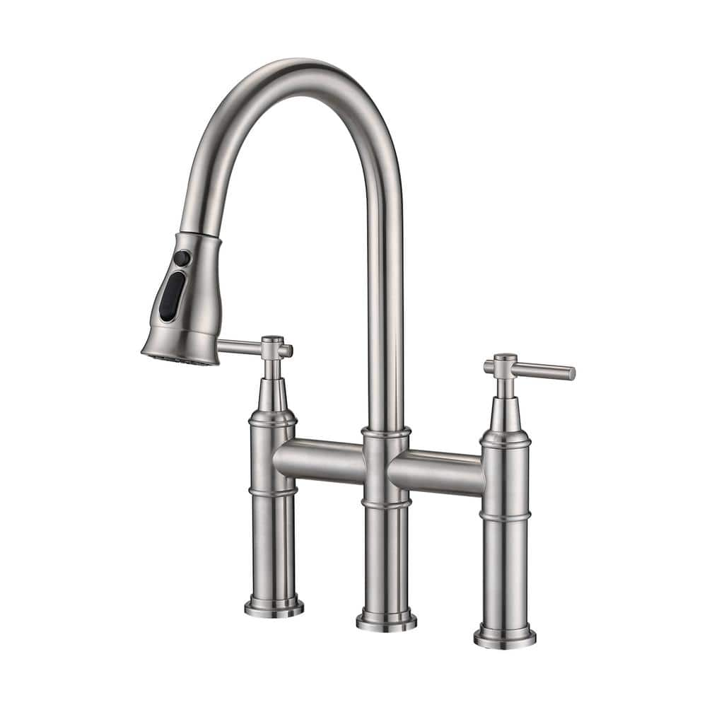 Double Handle Bridge Kitchen Faucet With Pull Down 3 Spray Patterns And   Brushed Nickel Bridge Kitchen Faucets Zt W122562763 64 1000 