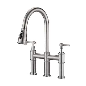 Double Handle Bridge Kitchen Faucet with Pull-Down 3-Spray Patterns and 360 Degrees Rotation Spout in Brushed Nickel