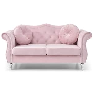 Hollywood 68 in. Round Arm Velvet Rectangle Tufted Straight Sofa in Pink
