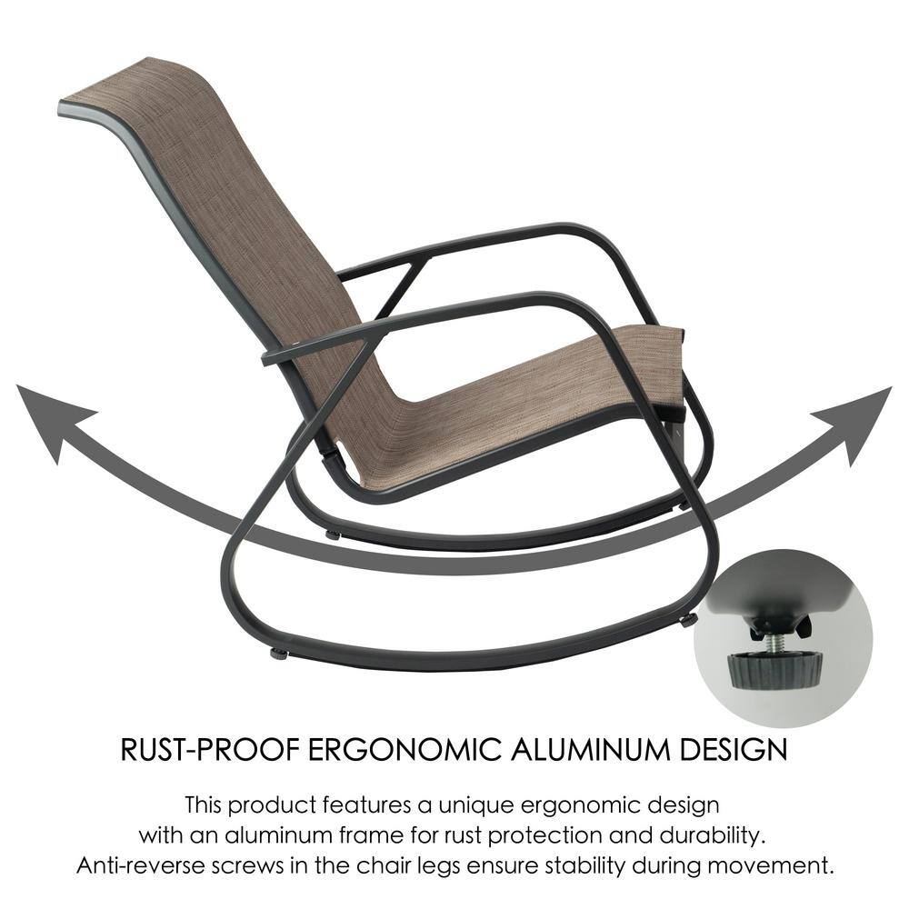 Black Aluminum Frame Beige Mesh Fabric Outdoor Rocking Chair Set