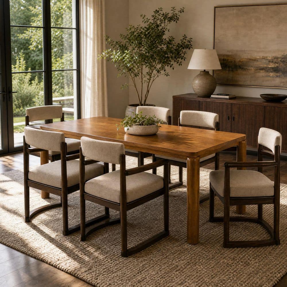 Modern 7-Piece Rectangular Walnut Wood MDF Top Dining Table Set with Beige Upholstered Arm Chairs, Seats 6