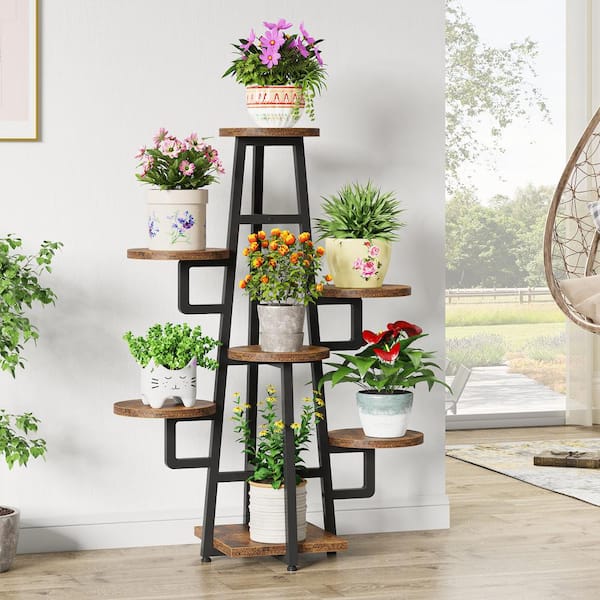 Wellston 43.3 in. Rustic Brown Rectangle Wood Indoor Plant Stand with 7 Tier, Tall Plant Shelf Corner Plant Pots Holder