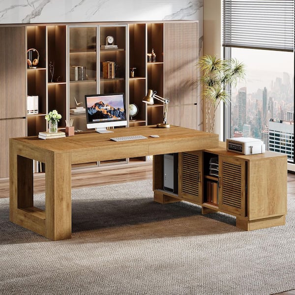Lanita 63 in. L-Shaped Brown Wood Executive Desk with Storage Cabinets and 2-Tier Shelf, Large Computer Writing Table