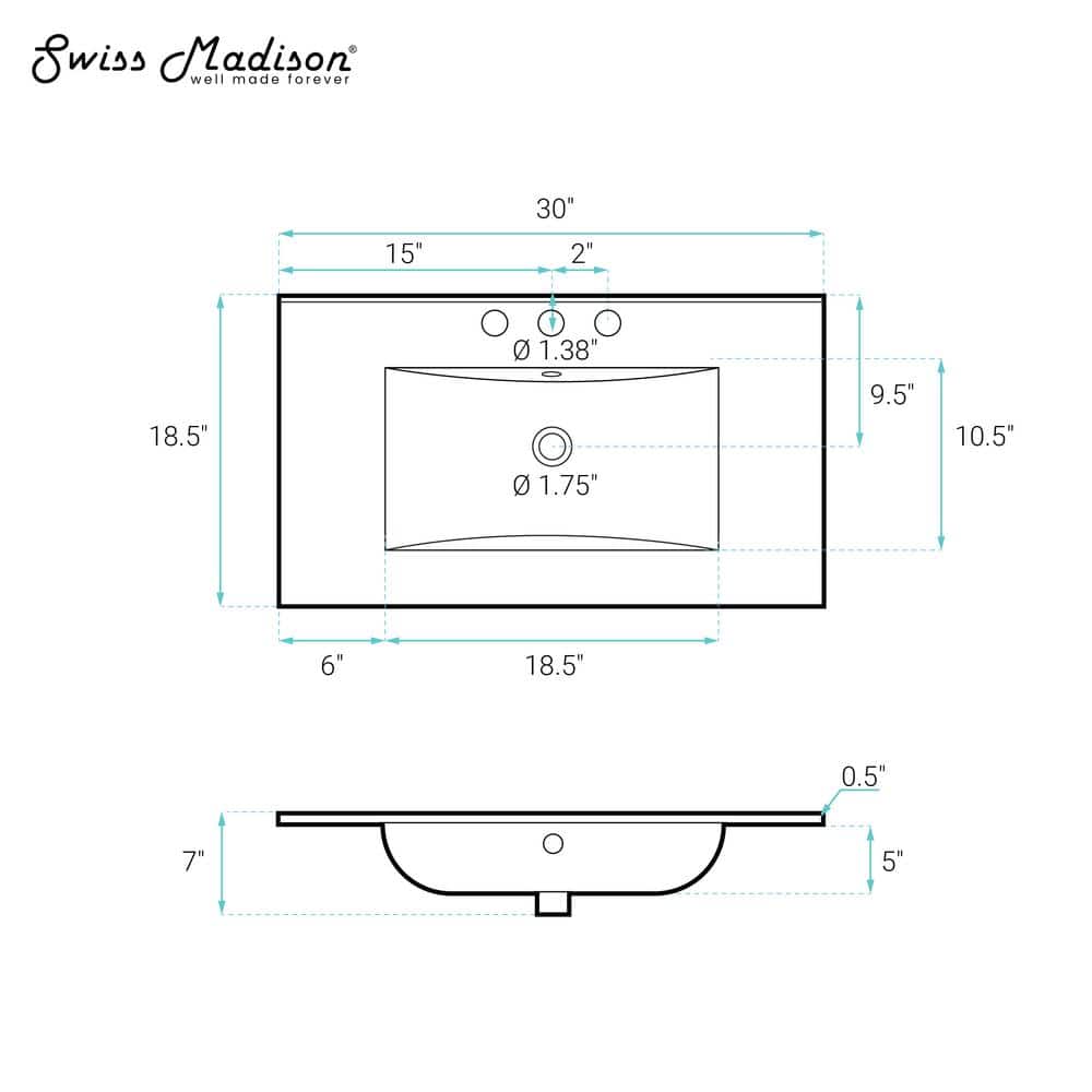 White Ceramic 30" Vanity Top Bathroom Sink with Three Holes