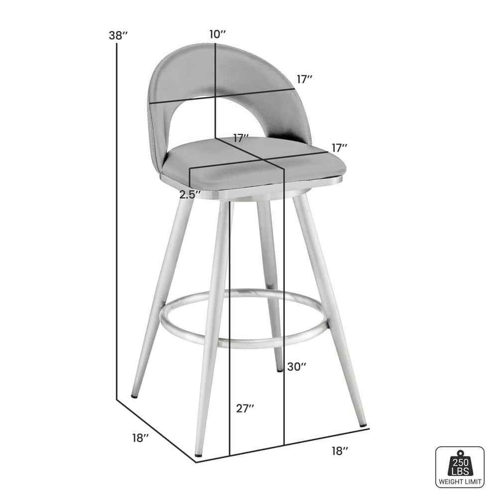 Gray Faux Leather Swivel Bar Stool with Brushed Stainless Steel Frame