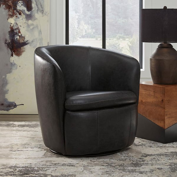 Kierreys Black Faux Leather Barrel Chair with Swivel Base